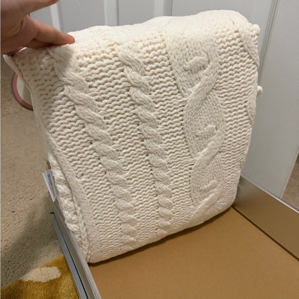 Shabby Chic Cream Throw with Gray Ribbon - Picture 4 of 5